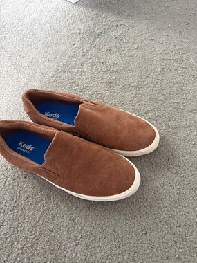 Keds Suede Slip-On Sneakers in Chestnut Brown and White